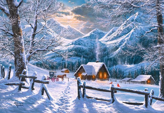 Winterlandschap met besneeuwde bergen, een koets en een huisje met warme lichten.