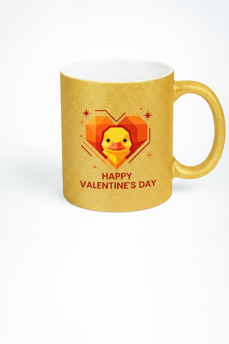 Valentijnsdag Gouden Glitter Mok met Lief Eendje en Hart - Happy Valentine's Day Cadeau