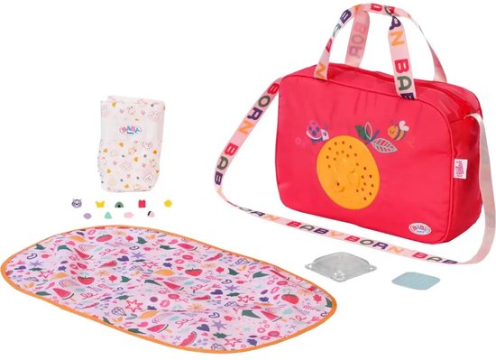 Rode luiertas met 'BABY BORN' hengsels en opdruk van insecten. Inclusief luier, aankleedkussen en accessoires.