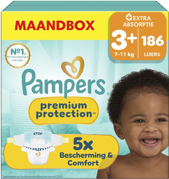 Pampers Premium Protection Maat 3+ - 186 Luiers - 7kg-11kg - Maandbox