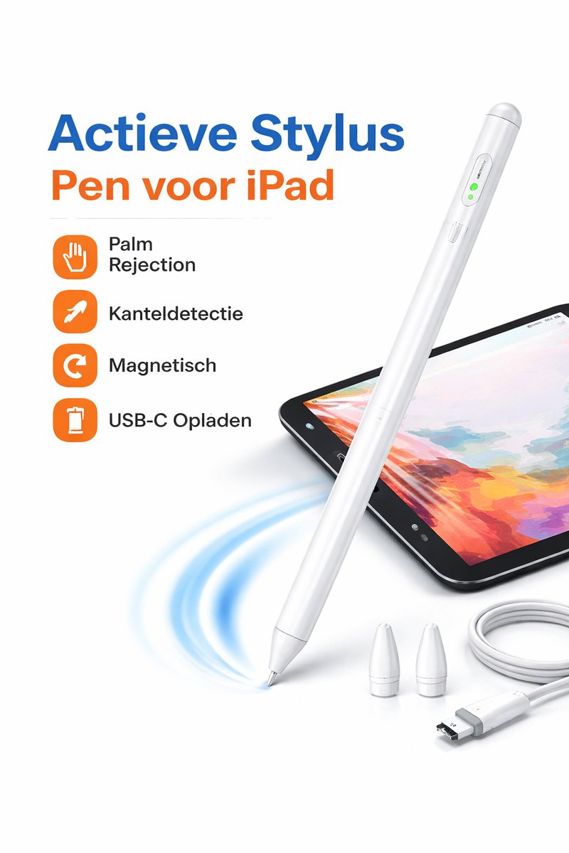 Actieve Stylus Pen voor iPad (2018–2025) – Palm Rejection, Kanteldetectie, Magnetisch & USB-C Opladen – Wit