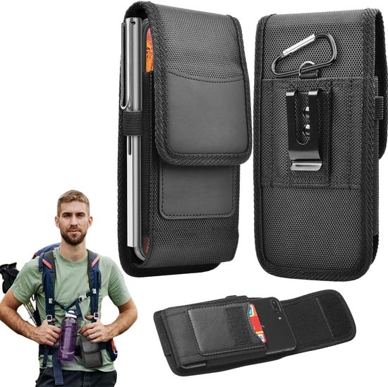 Telefoontasje voor aan de riem - met Riemclip en Karabijnhaak - Telefoontas - Nylon Heuptas - Outdoor Riem Tas - Heuptas - Telefoonhouder Riem - Incl . Creditcardvakje - Waterdicht - 17,5x10x2,5 cm