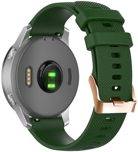 Achterkant van een smartwatch met groene siliconen band en rosé gouden gesp.