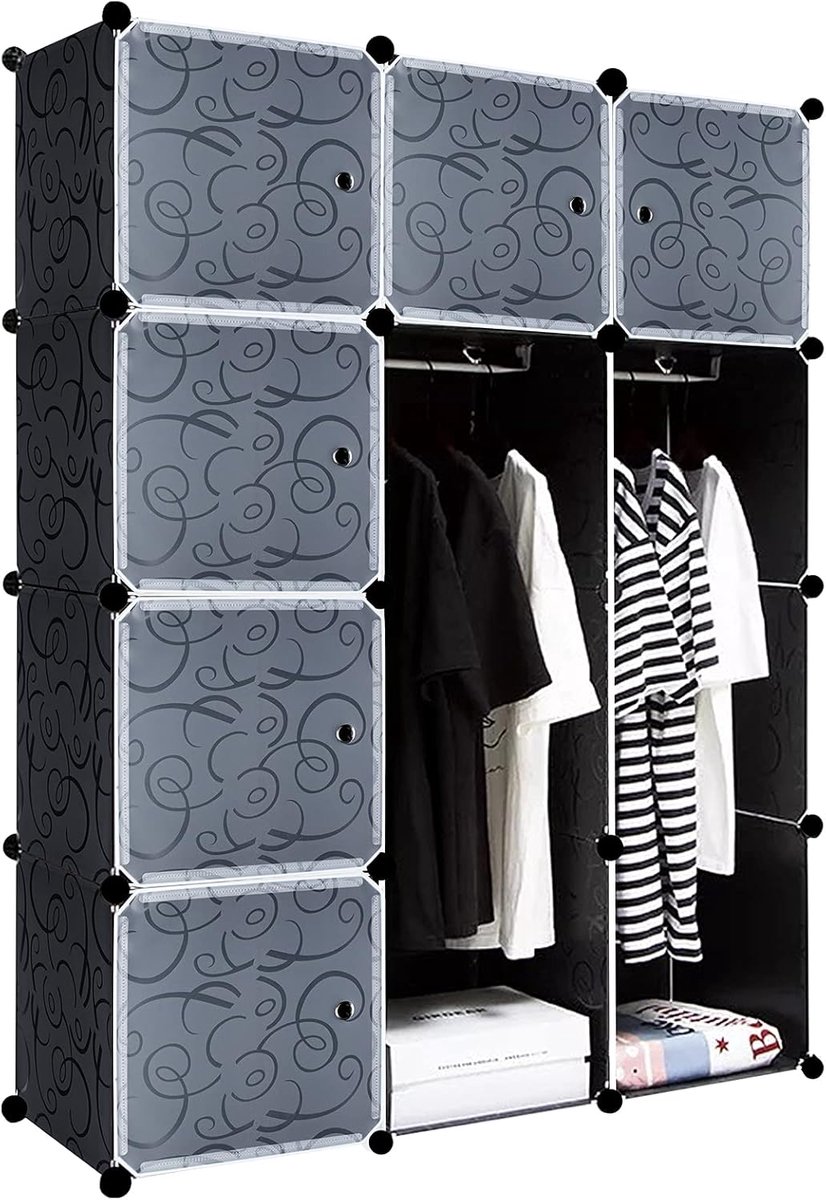 Aufun Modulaire Kledingkast - 12 Vakken met Schoenenrek & Deuren - Ruimtebesparend Zwart