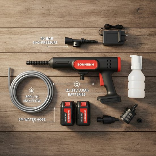 SONNENH Draadloze Hogedrukreiniger - 40 Bar - Inclusief 2x 21V 3000mAH Accu - 6-in-1 Nozzle - Draagbare Drukreiniger voor Auto, Fiets & Tuin - Complete Set met Koffer van Merkloos	 — afbeelding 3