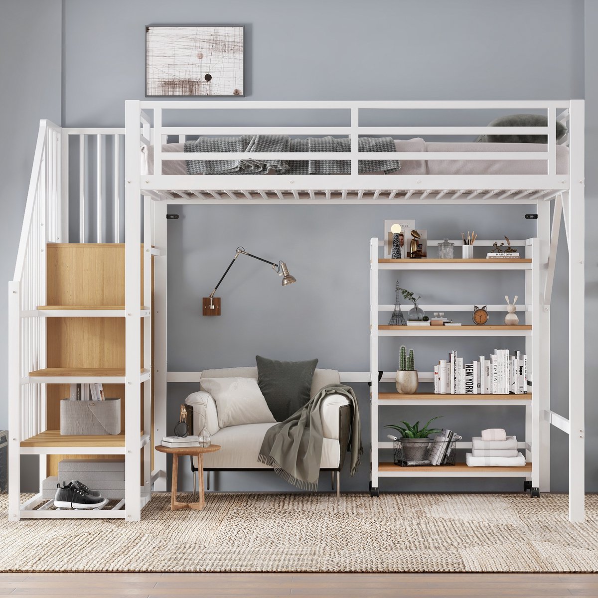 Clruro Eenpersoonsbedden - 90x200cm - Stalen Hoogslaper - 4-Laags Boekenkast Op Rollen - Veiligheidshek - Hoektrap Kast Met Kledingstang - IJzer + MDF - Wit + Naturel Wit+Natuurlijk