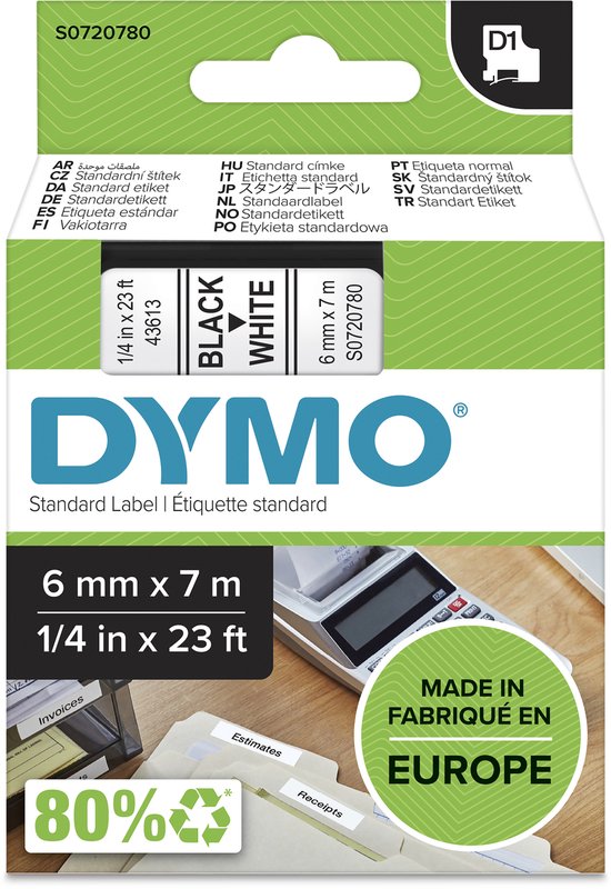 Dymo D1 Naamlabels Zwart-Wit (6 mm x 7 m)