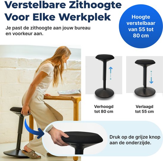 Backerz Wiebelkruk - Ergonomische Wiebel Stoel hoogte 55-80cm - Balanskruk - Zit Sta kruk - Zadelkruk Zwart