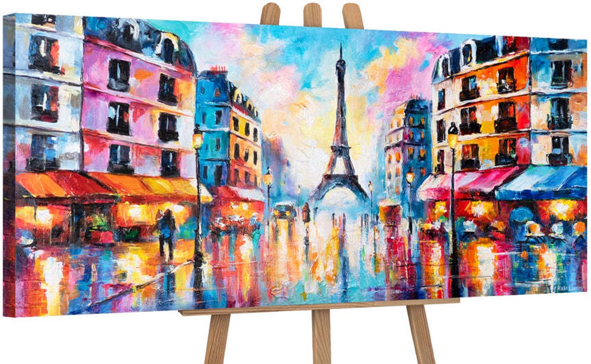 YS Canvas schilderij panoramisch 115x50 handgeschilderd Parijse lichten stad nacht – YS-Art Gallery – Romantische wanddecoratie voor woonkamer – Modern schilderij voor hal