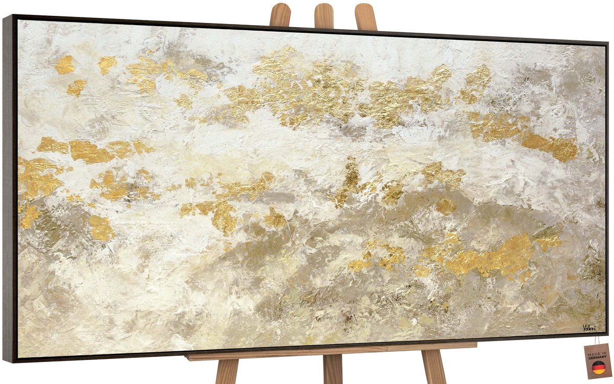 YS Canvas schilderij groot handgeschilderd goudglans abstract met goudaccenten – YS-Art Gallery – Luxe wanddecoratie voor woonkamer – Modern schilderij voor slaapkamer en kantoor Grey