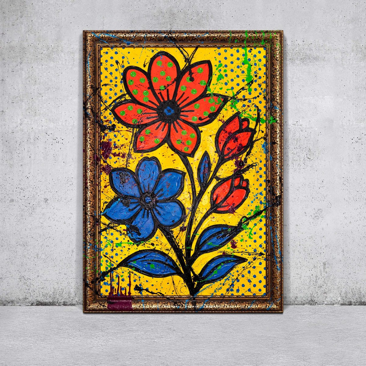 YS Canvas schilderij landschapsformaat handgeschilderd bloemensplash botanisch uitbundig – YS-Art Gallery – Uitbundige wanddecoratie voor woonkamer – Modern schilderij voor hal en kantoor Gold