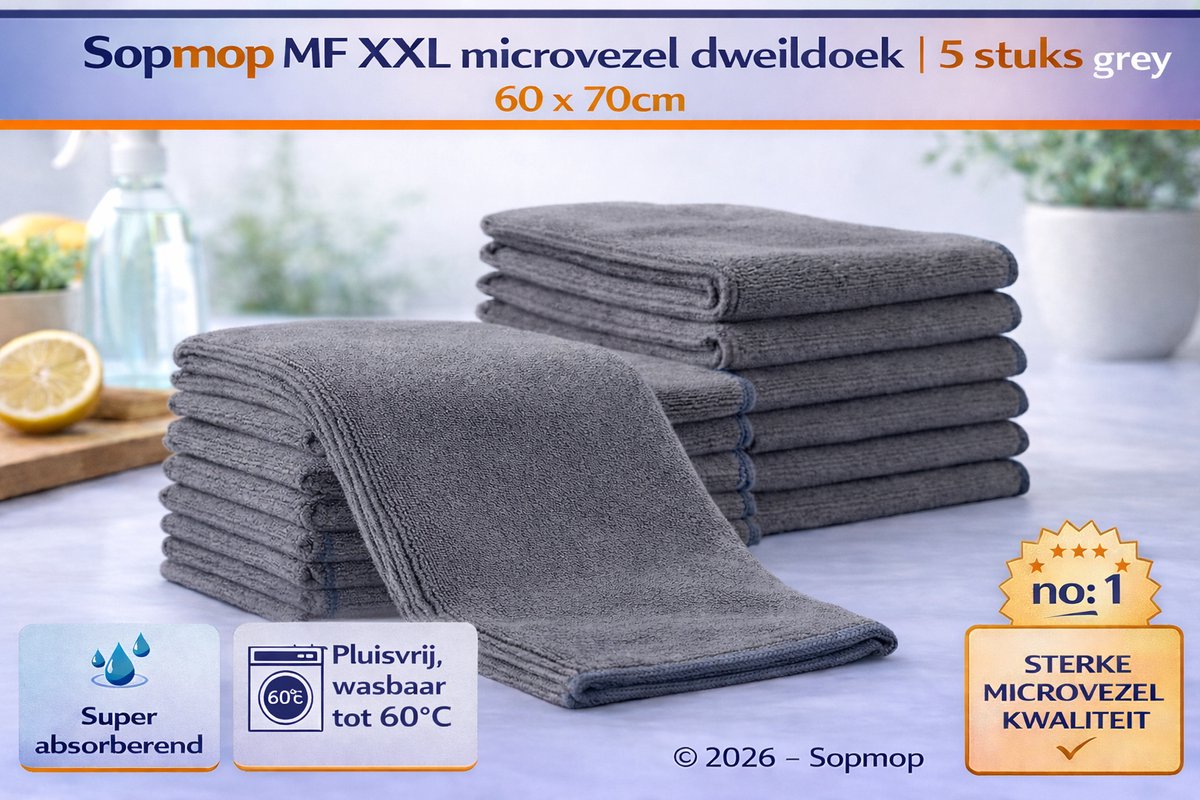 Sopmop Microvezel Dweil Doek MF XXL Grey 5 stuks - Zware Professionele Kwaliteit - 60 x 70cm