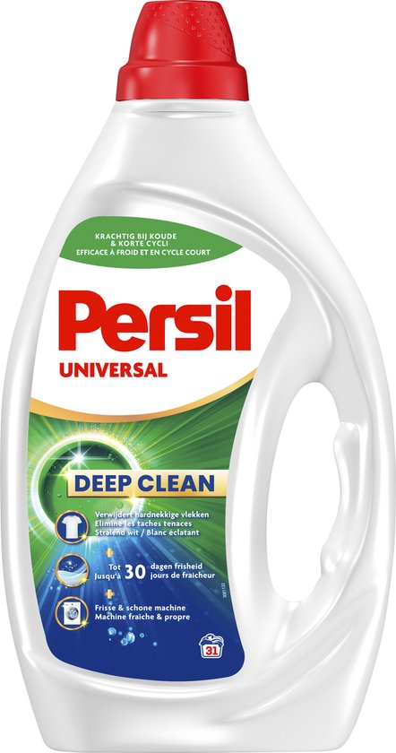 Bouteille blanche Persil Universal à bouchon rouge, avec accents verts et dorés. Texte: 'Deep Clean', 'Efficace à froid'