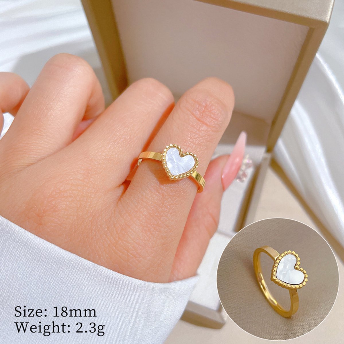 Glintweave – Roestvrijstalen Ring met Wit Hart – 18K Verguld – Dames – Goud/Wit – Maat 57 (Ø 18 mm)