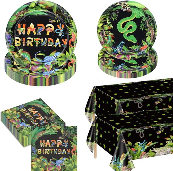 122 stuks reptielen feestdecoraties - slangen borden - servetten - wilde dieren tafelkleden - jungle safari - hagedis modder reptielen verjaardagsfeest decoraties