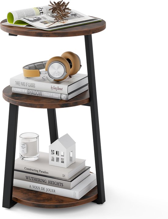 Ronde Bijzettafel 3-Laags Accenttafel met Metalen Frame en Verstelbare Voetkussens Nachtkastje Industriële Opbergtafel - Costway