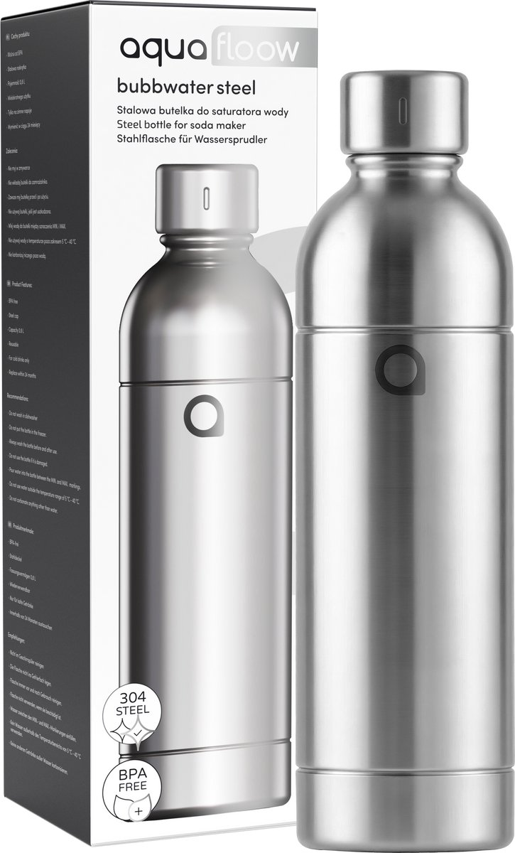 AquaFloow Stalen Waterfles voor Sodamaker – 0,8 L – Roestvrij Staal – Zilver – Compatibel met Aquafloow Bruiswatertoestel