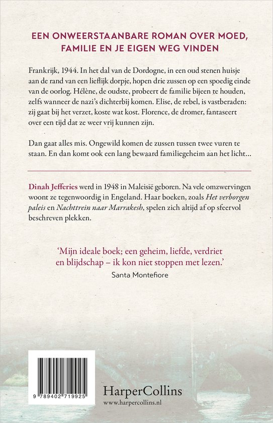 Achterkant boek 'Dochters van de Dordogne'. Tekst over het verhaal en de auteur Dinah Jefferies. Met barcode en HarperCollins logo.