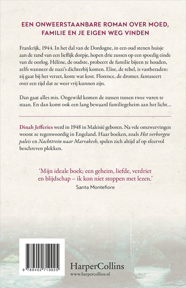 Achterkant boek 'Dochters van de Dordogne'. Tekst over het verhaal en de auteur Dinah Jefferies. Met barcode en HarperCollins logo.