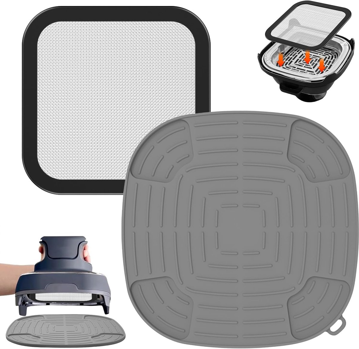 Airfryer accessoires Gescht voor Ninja CRISPi 1x roestvrij staal fijnmazige spatbescherming + 1x siliconen hittebestendige onderlegger voor Ninja heteluchtfriteuse FN101EUGY, FN101EUST en
