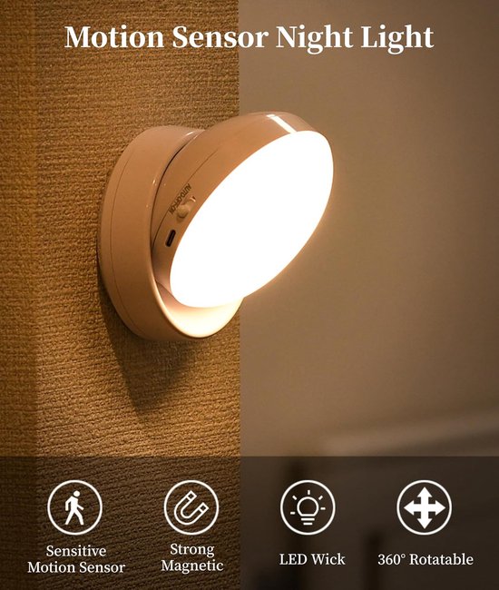 Plakbare Nachtlamp Oplaadbare Batterij Met 360 Graden Draaibare Bewegingssensor LED Lamp Voor Slaapkamer Keuken Hal En Ingang Warm Licht van Merkloos — afbeelding 4