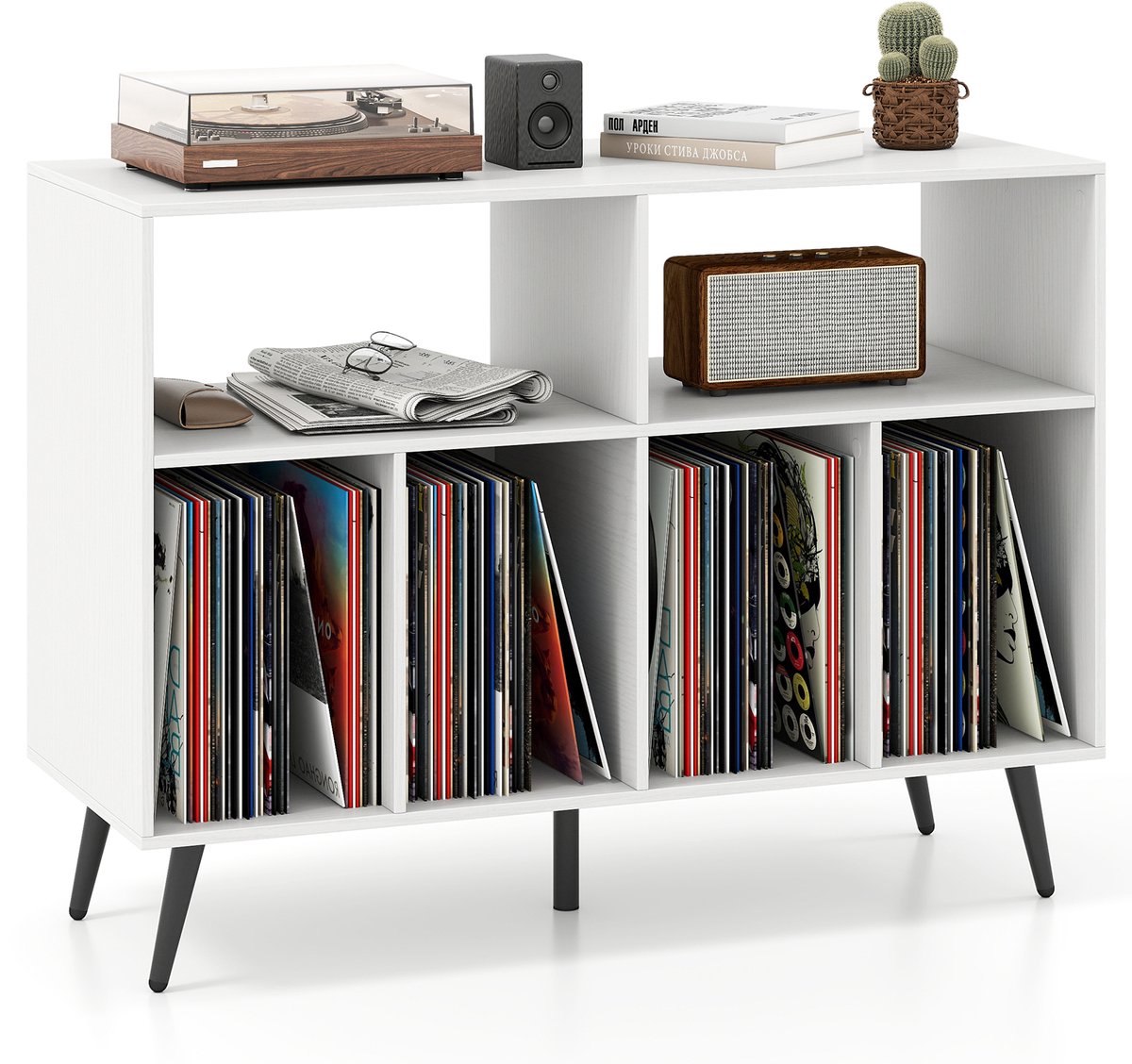 COSTWAY Draaitafel standaard 3-traps draaitafel kast met vinyl opbergplanken, opbergtafel voor vinylplaten, opberghouder voor woonkamer, muziekkamer (wit)