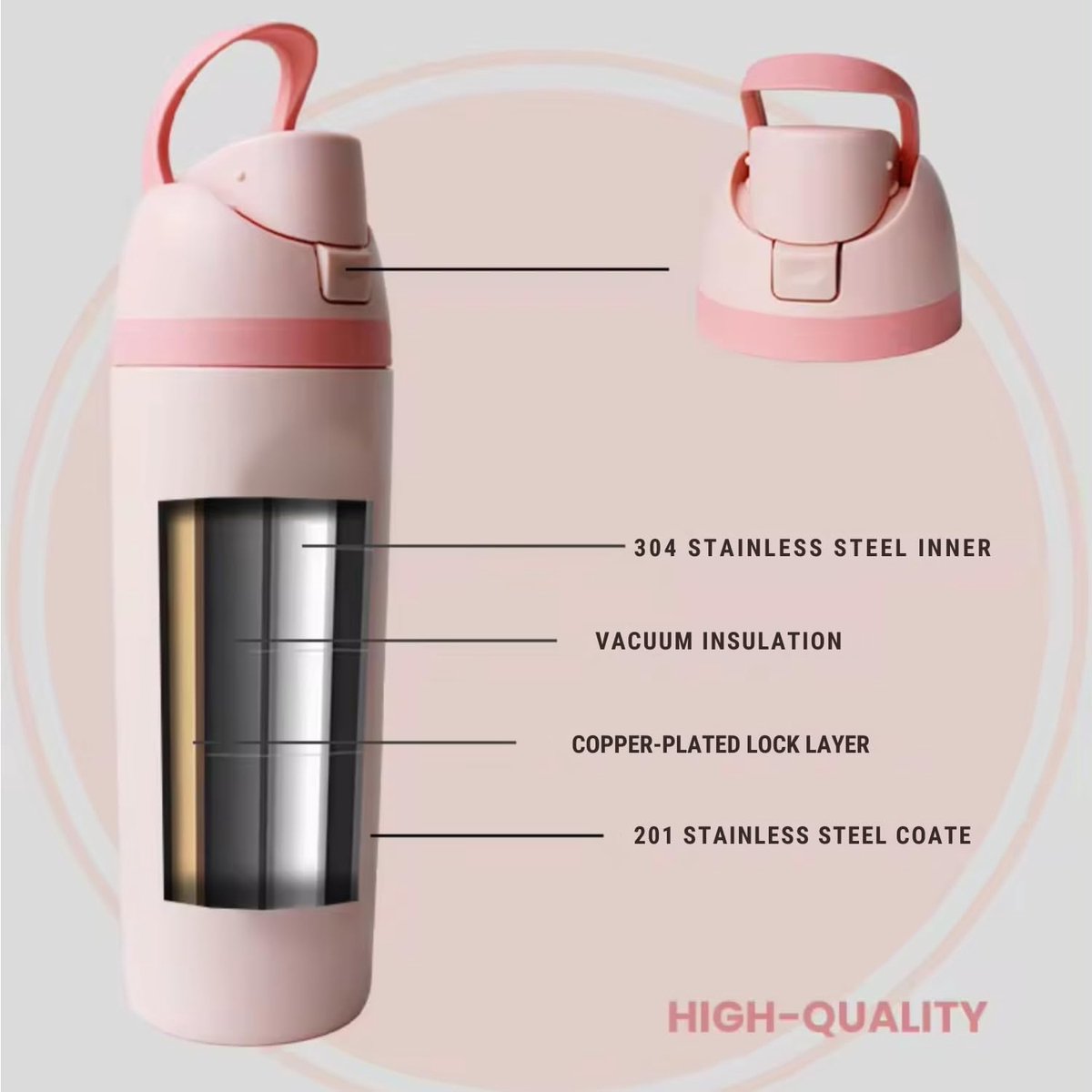 Geïsoleerde roestvrijstalen waterfles met rietje, 700 ml, herbruikbare sport- en reisfles voor school, kinderen en buitenactiviteiten - lekvrij en BPA-vrij (roze) thumbnail 2