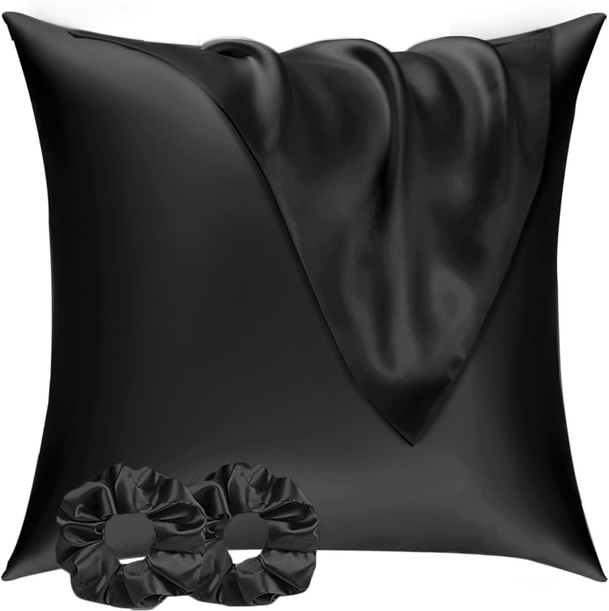 Famanu - Satijnen kussenslopen 80x80 cm zwart set 2, zijdeachtig zacht voor haar en huid, envelopsluiting met 2 haarbandjes