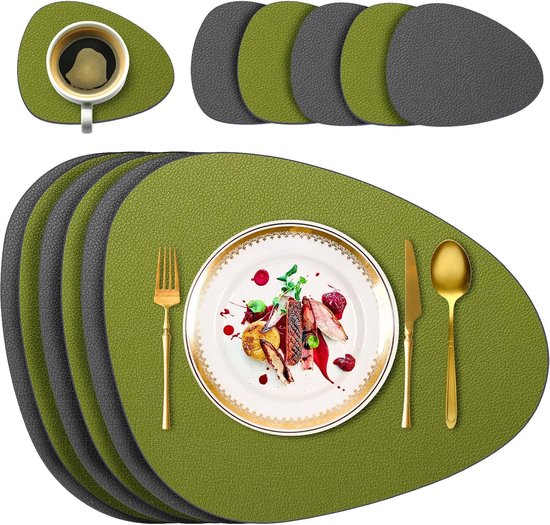 Sets de table - lavables - ensemble de 12 - 6 sets de table et 6 dessous-de-verre - lavables - cuir - rond - résistant à la chaleur - antidérapant - avec dessous-de-verre - recto-verso - vert gris