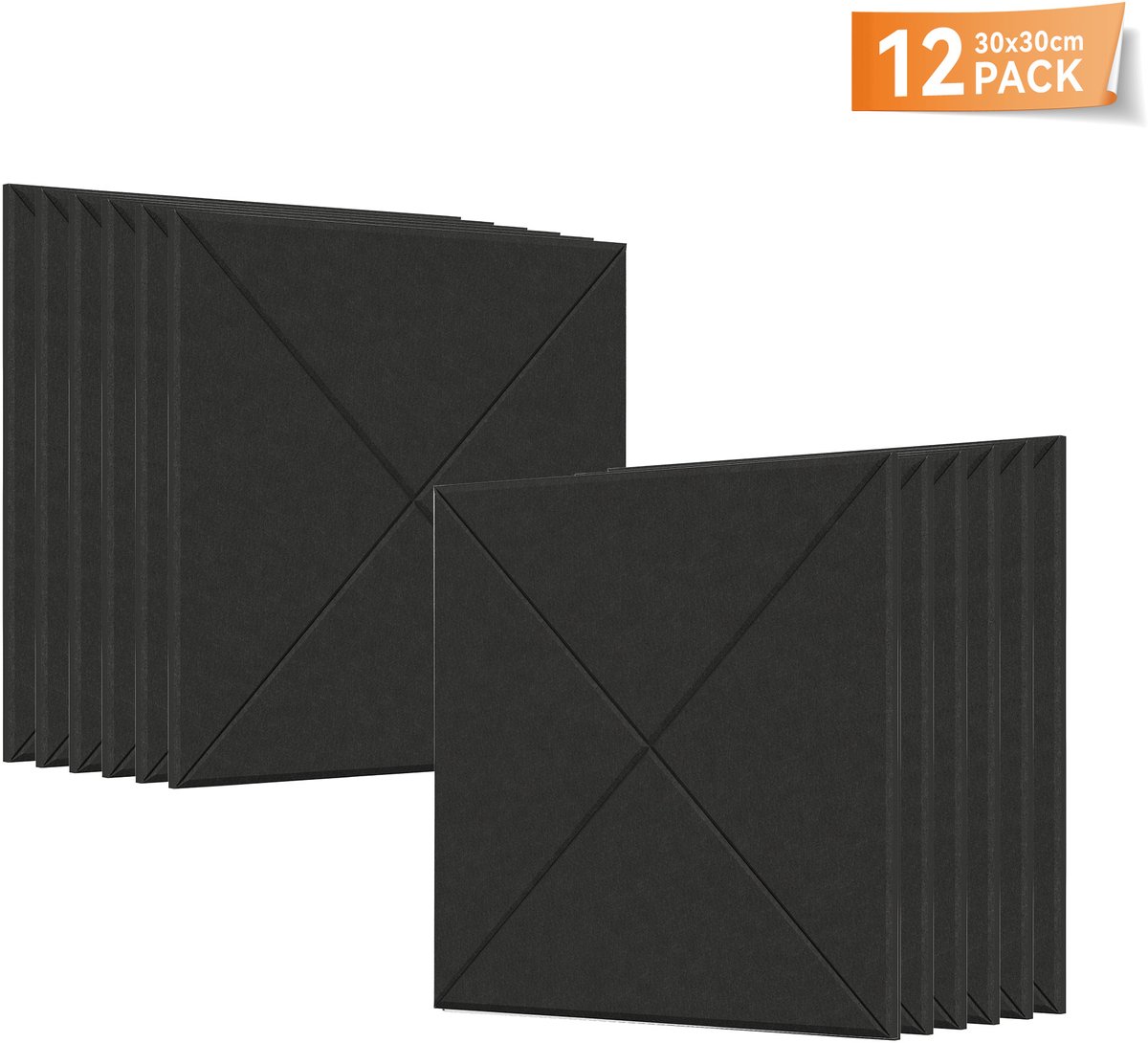 Aufun X-patroon Akoestische Panelen 30x30cm Zwart - 12 Stuks Zelfklevende Wandbekleding
