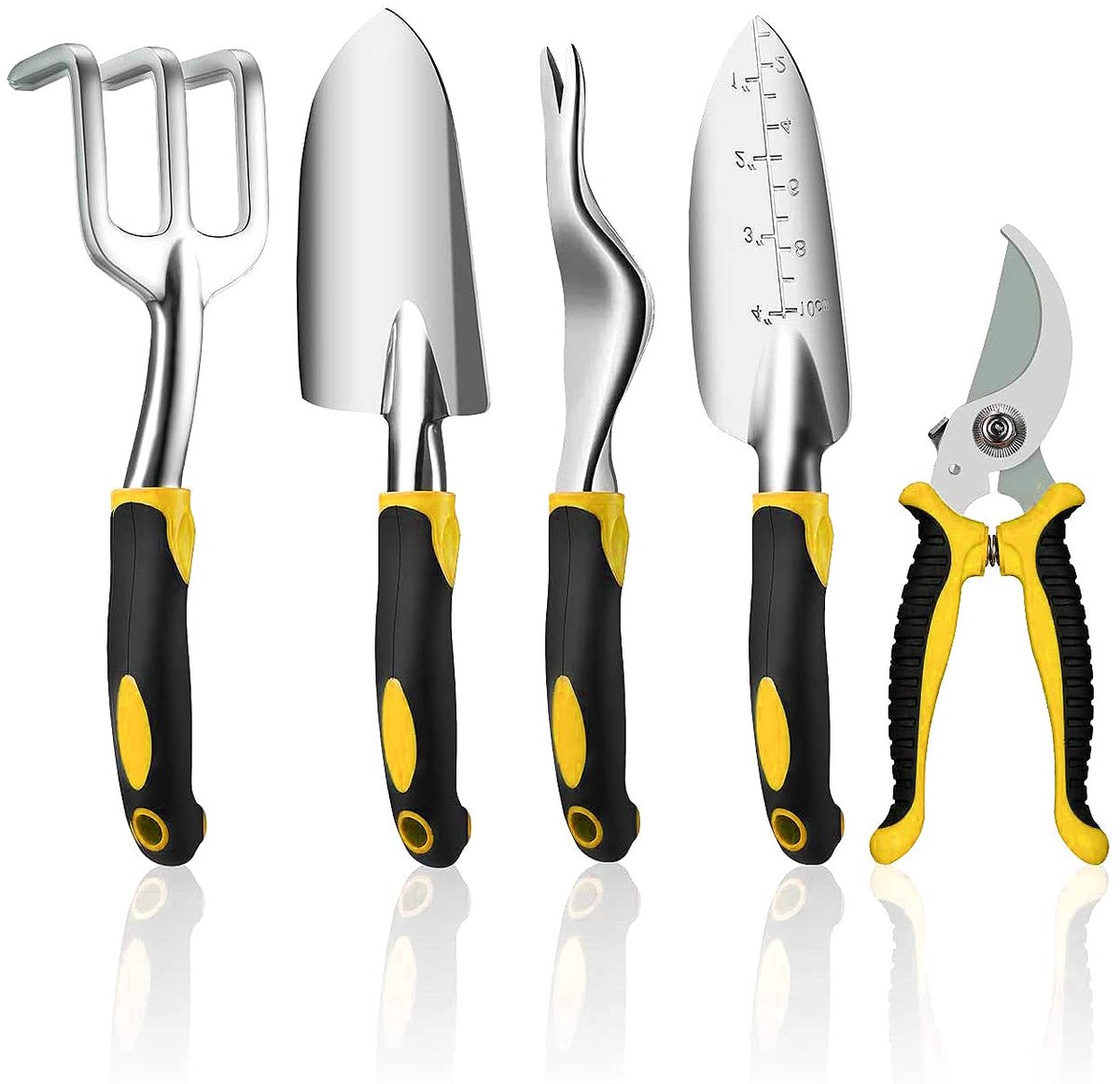 ANMI® Tuingereedschap Set 5-delig - Snoeischaar Schepje Verplantschep Handhark Onkruidsteker - Gegoten Aluminium Kop - Ergonomische Handgreep - Met Handschoenen - Geel