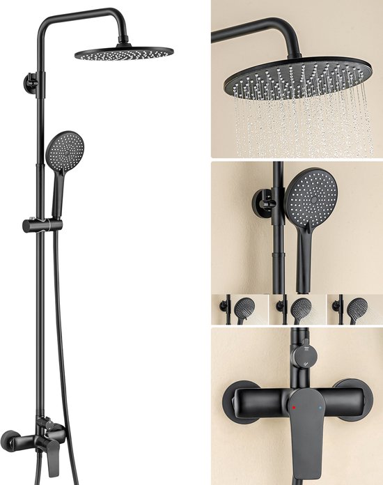 Ensemble de douche noir avec douche de pluie et douchette, incluant le robinet et différents modes de douche.