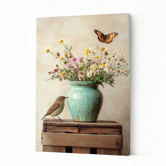 Vase avec fleurs - Vogel - Vlinder - Canvas salon - Nature morte - Décoration chambre à coucher - Décoration bureau - Tableau canvas 40x60 cm