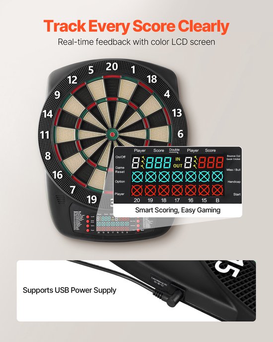 Elektronisch dartbord met een doel van 336 mm, 43 spellen en meer dan 200 variaties voor maximaal 8 spelers, inclusief 6 dartpijlen, flights en 50 soft tips, LCD-scorebord voor thuis en op feestjes van Merkloos — afbeelding 3