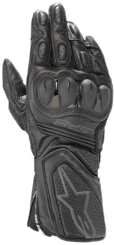 Zwarte Alpinestars SP-8 V3 motorhandschoen, voorkant, met witte ster en rode accenten.