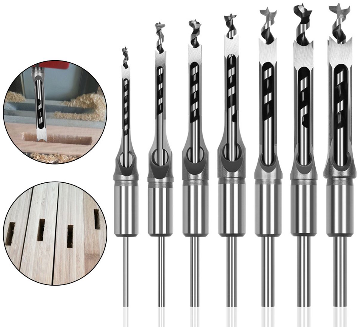 Houtbewerkingsboor voor vierkante gaten, penboor, vierkante oogboor, kernboor, saladeboor, 7-delige set voor het maken van vierkante gaten in hout (6.4/8/9.5/10/12.7/14/16)