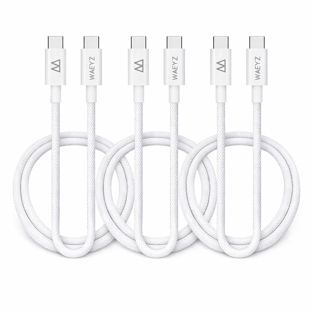 WAEYZ 3 Stuks USB-C naar USB-C Kabel 1m – 60W Snelladen – Gevlochten Nylon – Wit