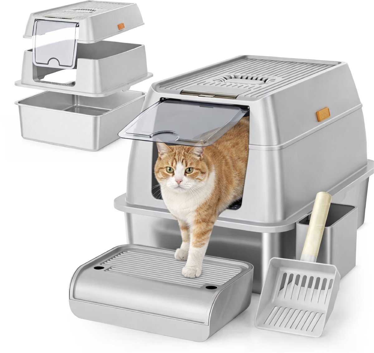 ADSafety Kattenbak RVS - Kattentoilet Roestvrijstaal - Incl. Kattenbakschep met Houder en Gritopvang Opstapje - 2 in 1 Open Kattenbak met Afneembare Deksel - 60x40x38cm - Grijs