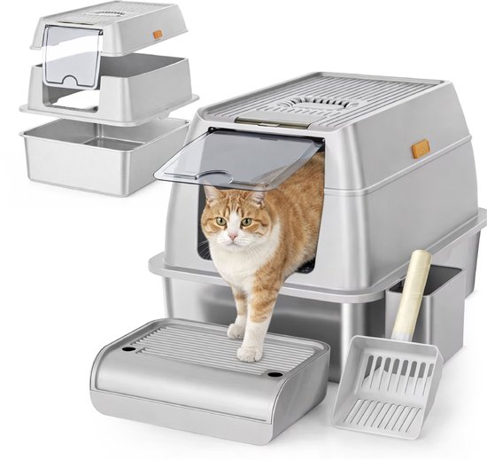ADSafety Kattenbak RVS - Kattentoilet Roestvrijstaal - Incl. Kattenbakschep met Houder en Gritopvang Opstapje - 2 in 1 Open Kattenbak met Afneembare Deksel - 60x40x38cm - Grijs