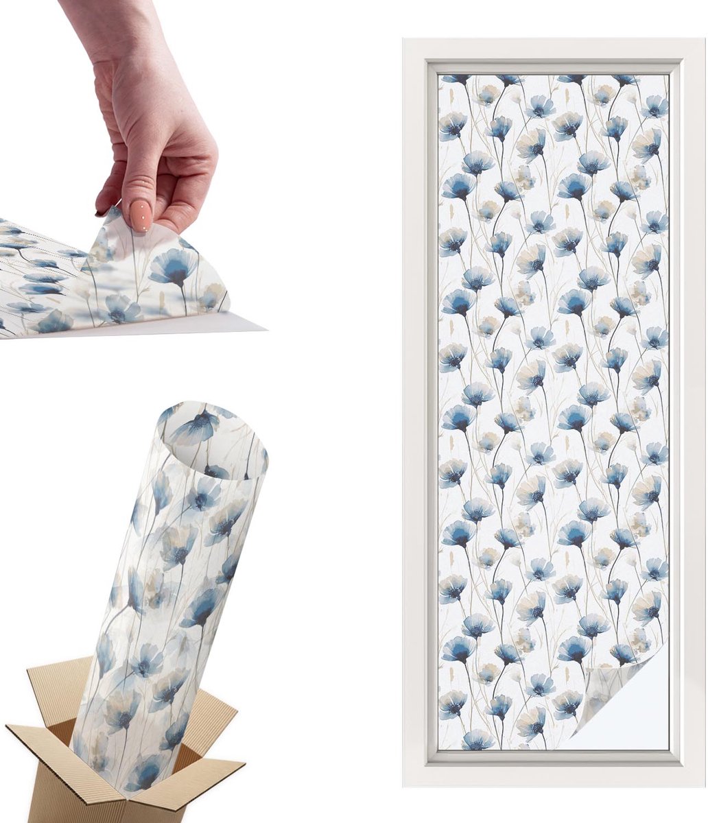 TULUP Raamfolie Anti inkijk - Blauwe bloemen Privacy Folie Raam - 50x146 cm - Wit Anti inkijk Folie - Raamfolie Tegen inkijk Glas in Lood - Voor de slaapkamer, woonkamer en badkamer. - Raamfolie Zonwering Wit - Blauwe bloemen
