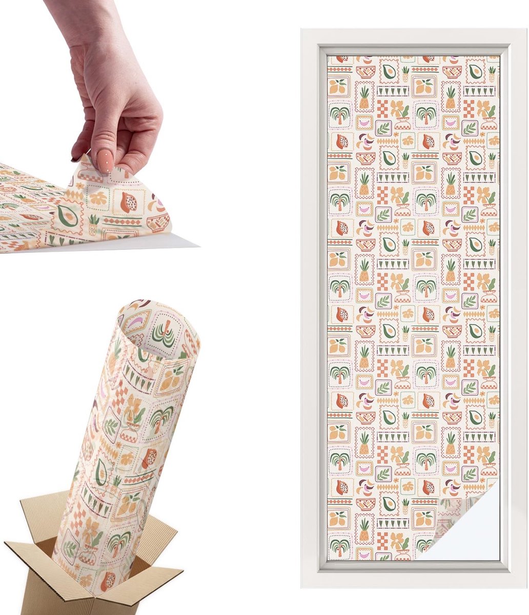 TULUP Raamfolie Anti inkijk - Folkloristische patronen Privacy Folie Raam - 50x146 cm - Beige Anti inkijk Folie - Raamfolie Tegen inkijk Glas in Lood - Voor de keuken, hal en woonkamer - Raamfolie Zonwering Beige - Folkloristische patronen
