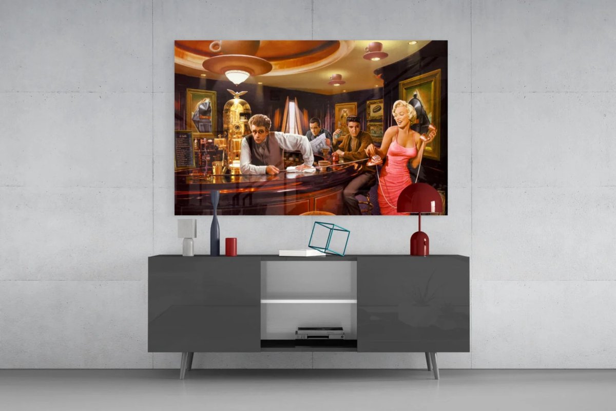 Glasschilderij – Retro Café – Vintage Stijl – Klassieke Film Sfeer - 90x60 cm