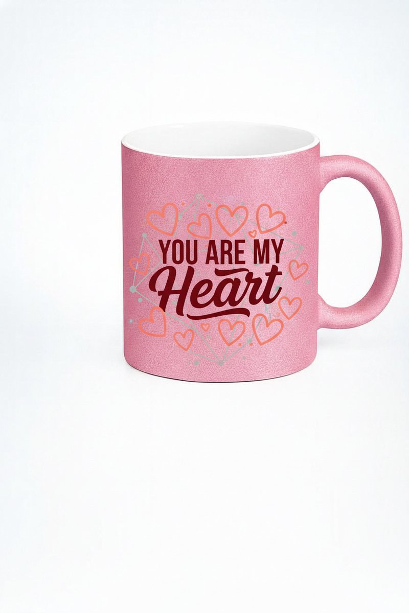 Roze Glitter Mok You Are My Heart met Hartjes Design - Valentijn Liefde Cadeau