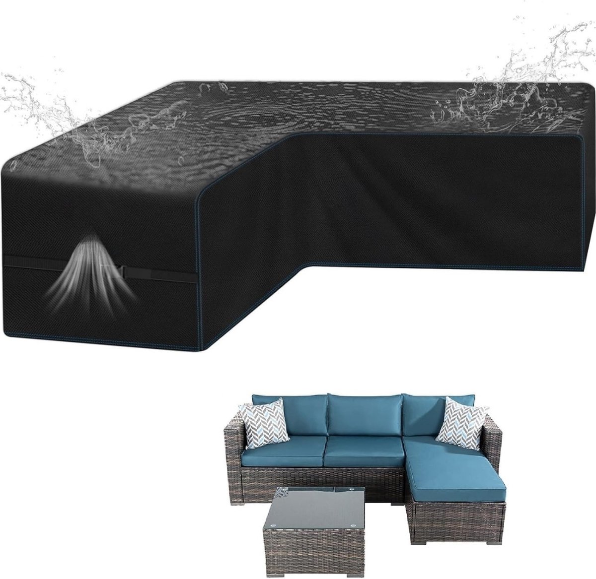 Famanu Tuinmeubelhoes met L-vorm - waterdicht - 420D Oxford-stof - outdoor tuinmeubelhoezen - rotan hoekbankhoes met waterdichte tape (210 x 260 x 87 cm) - rechterkant lang Zwart