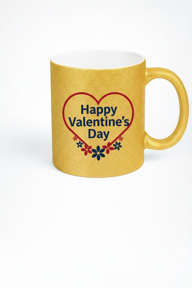 Gouden Glitter Valentijnsmok - Happy Valentine's Day Mok met Hart & Bloemen Design
