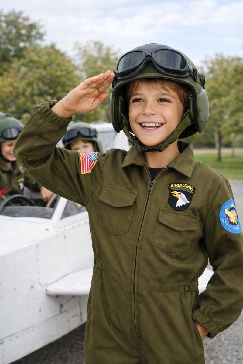 Joya Kids® Piloten Verkleedpak Kind | Carnavalskleding Kinderen | Verkleedkleren | Stoer Militair Jumpsuit Kostuum Jongens Top | Donkergroen Vliegpak met Emblemen Gun | Verkleedkleding Jongen Straaljager Piloot | | | Large — afbeelding 3