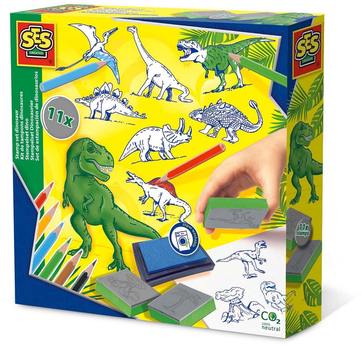 SES - Stempelset dino - 11 Dinosaurus stempels van foam - met stempelkussen, kleurpotloden en tekenpapier - knutselen jongens - Dinosaurus Speelgoed
