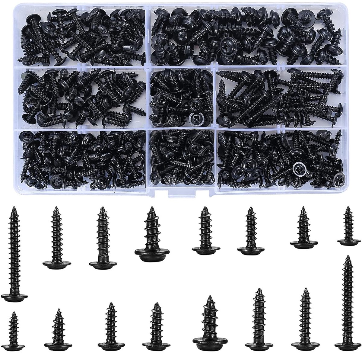 Famanu – Zelfborende plaatschroeven assortiment met platte en ronde kop, zwart koolstofstaal, voor hout, gips en metaal (350 stuks)