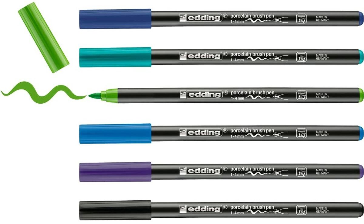 edding 4200 porselein stiften - koele kleuren set - 6 stiften - flexibele penseelpunt 1-4mm - viltstift voor het schilderen en decoreren van keramiek porselein - vaatwasmachinebestendig, lichtechte inkt, sneldrogend — afbeelding 5