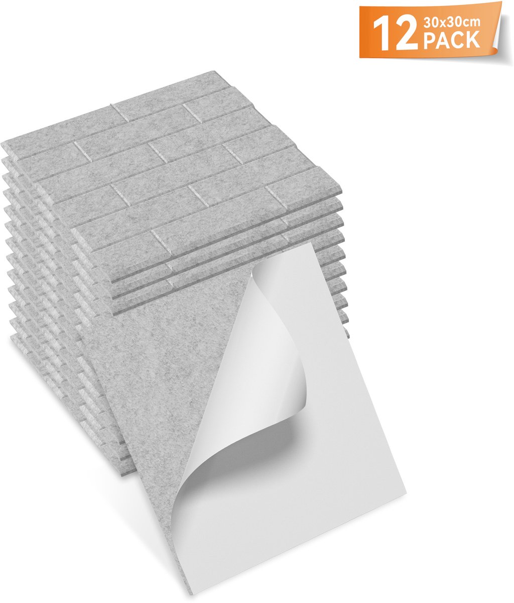 Aufun Vierkante Baksteenvormige Akoestische Panelen 30x30cm Lichtgrijs - 12 Stuks Zelfklevende Wandbekleding